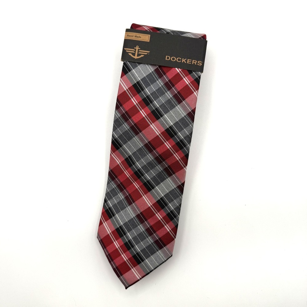 Dockers Necktie Mens One Size Red Gray Black‎ Plaid Handmade Polyester Tartan